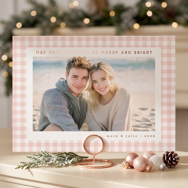 Pink Gingham Frame Photo (Simulated card on mantel)