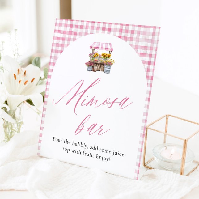Pink Gingham Fresh Off The Market Mimosa Sign (Watercolor Pink Gingham Fresh Off The Market Mimosa Sign)