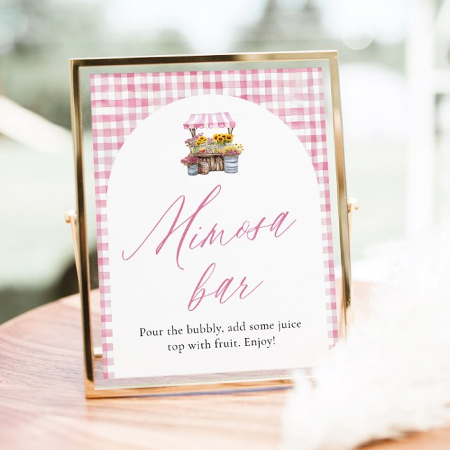 Pink Gingham Fresh Off The Market Mimosa Sign (Watercolor Pink Gingham Fresh Off The Market Mimosa Sign)