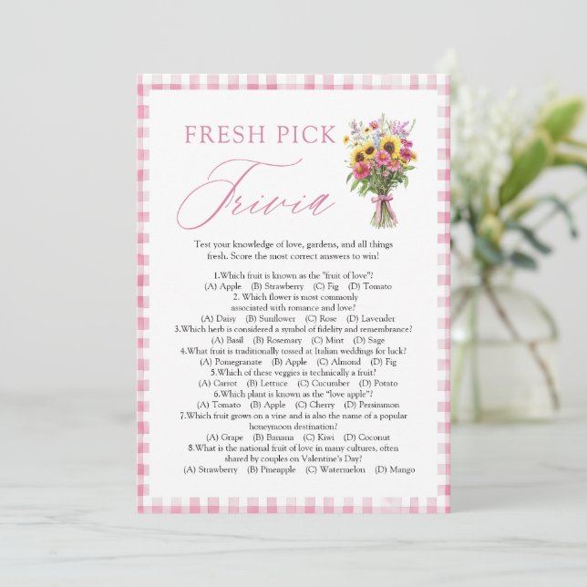 Pink Gingham Fresh Pick Trivia Bridal Shower Game Invitation (Standing Front)