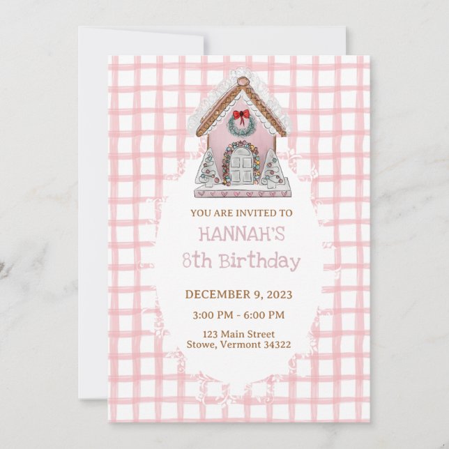 Pink Gingham Gingerbread Birthday Invitation (Front)