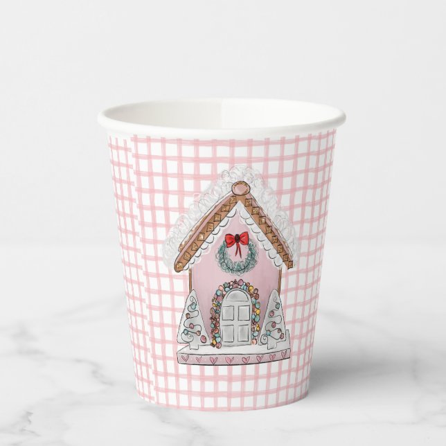 Pink Gingham Gingerbread House Paper Cups (Left)