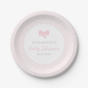 Pink gingham girl baby shower paper plate