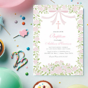 Pink Gingham Girl Baptism Invitation