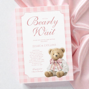 Pink Gingham Girl We Can Bearly Wait Baby Shower Invitation