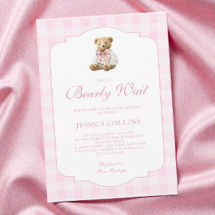 Pink Gingham Girl We Can Bearly Wait Baby Shower Invitation