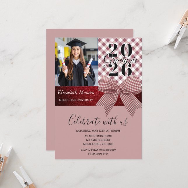 Pink Gingham Girly Graduation Photo Invitation (Front/Back In Situ)