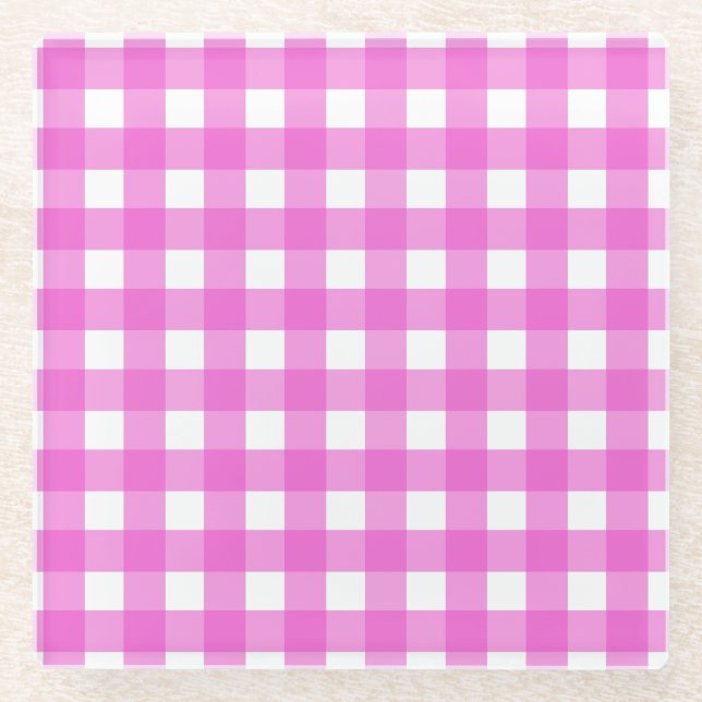 Pink gingham glass coaster (Front)