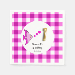Pink Gingham Gold Foil Balloon Fish 1st Birthday Napkin