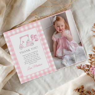 Pink Gingham Golf Girl 1st Birthday Photo Thank You Card