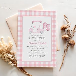 Pink Gingham Golf Girl Baby Shower Invitation