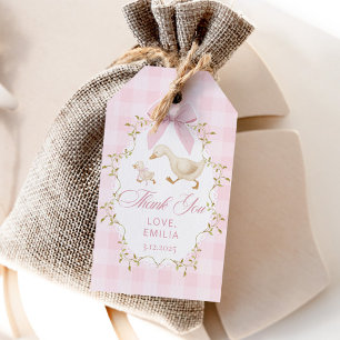 Pink Gingham Goose Birthday party Gift Tags