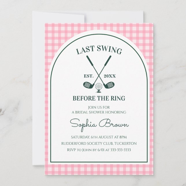 Pink Gingham Green Arch Golf Bridal Shower Invitation (Front)