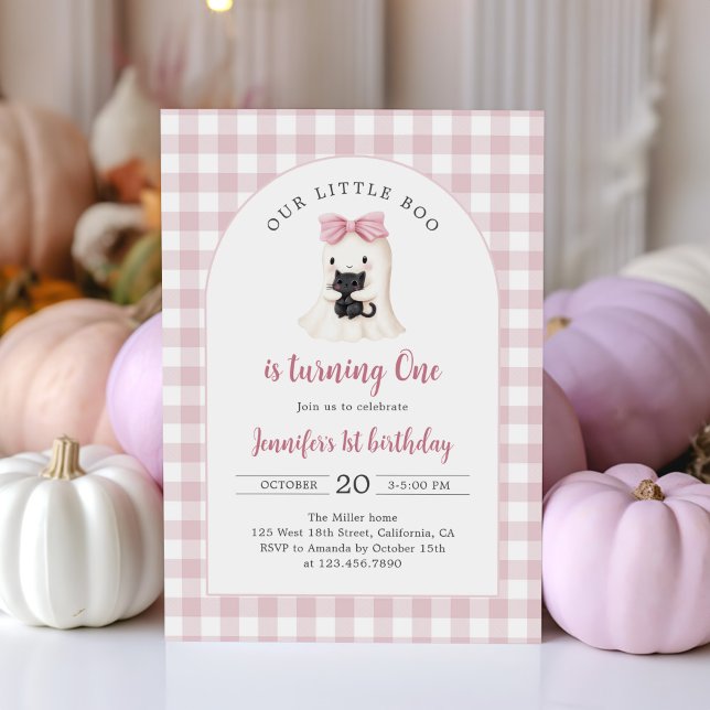 Pink Gingham Halloween Ghost Girl 1st Birthday Invitation (Creator Uploaded)