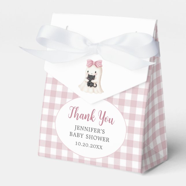 Pink Gingham Halloween Ghost Girl Baby Shower Favour Box (Front Side)