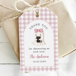 Pink Gingham Halloween Ghost Girl Baby Shower Gift Tags