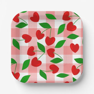 pink gingham Heart Shape Cherry rockabilly Paper Plate
