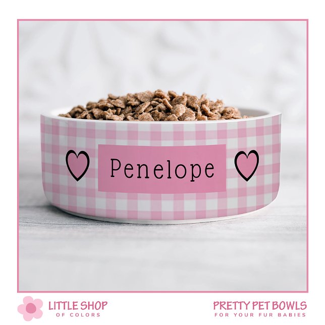 Pink Gingham Hearts Personalised Pet Bowl (Creator Uploaded)