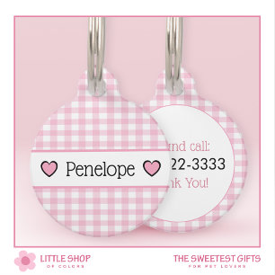 Pink Gingham Hearts Personalised Pet Tag