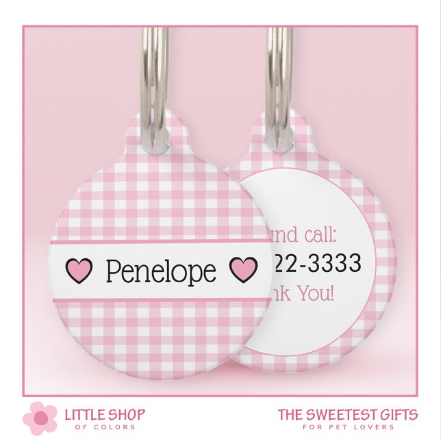 Pink Gingham Hearts Personalised Pet Tag (Creator Uploaded)