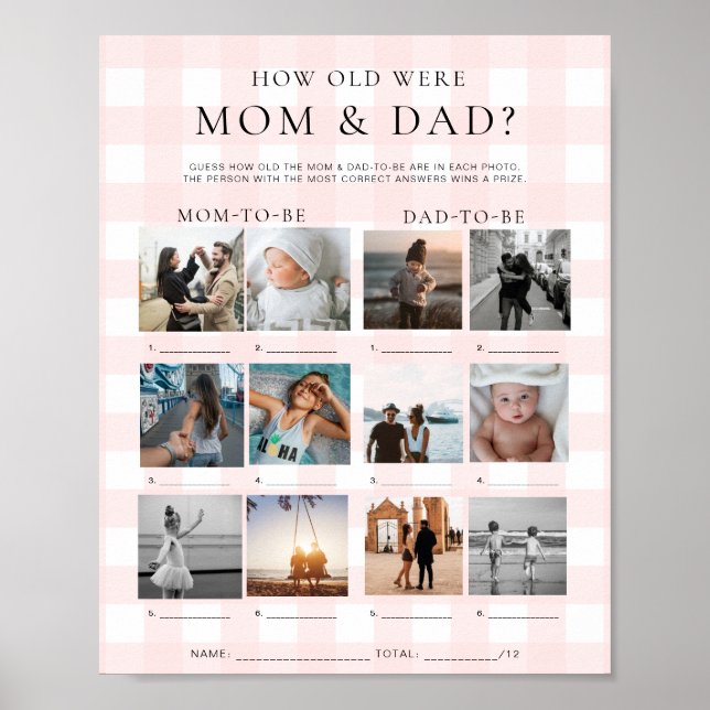 Pink Gingham How Old Were Mum and Dad Photo Game Poster (Front)