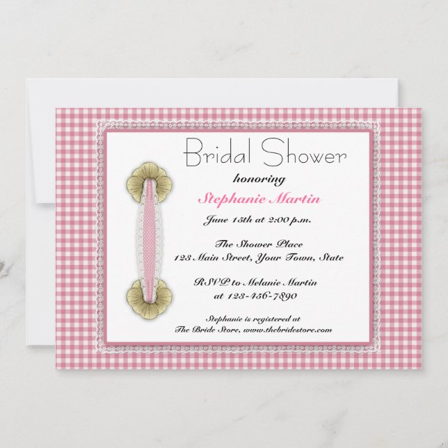 Pink Gingham, Lace, Bridal Shower Invitation (Front)