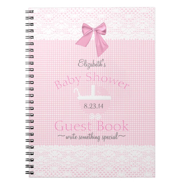 Pink Gingham Lace Image Baby Shower Guest Book | (Front)