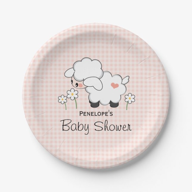 Pink Gingham Lamb Baby Girl Shower Paper Plate (Front)