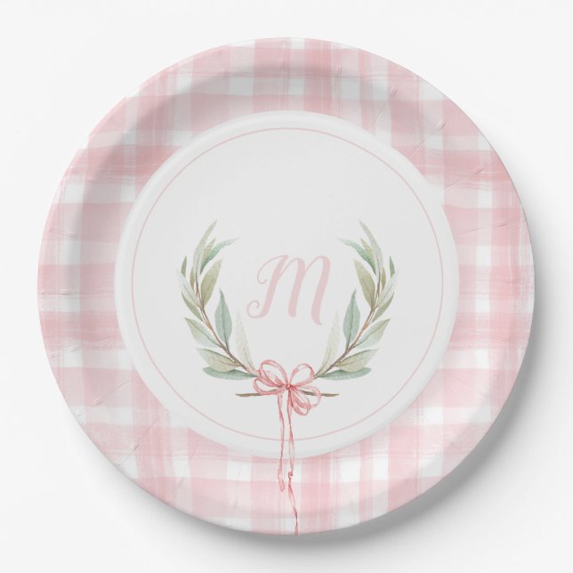 Pink Gingham Laurel Crest Paper Plates (Front)