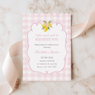Pink Gingham Lemon Baby Shower Invitation for Girl