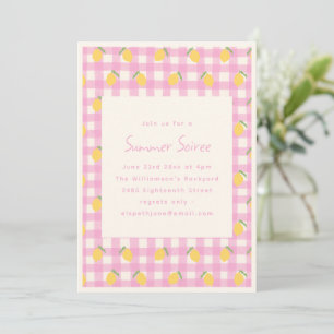 Pink Gingham Lemon Fruit Summer Soiree Party  Invitation