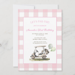 Pink Gingham Let's Par-Tee Golf  Birthday Party  Invitation