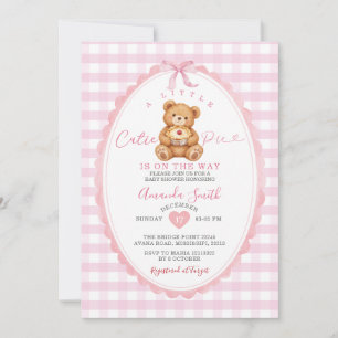 Pink Gingham Little Cutie Pie Bear Baby Shower  Invitation