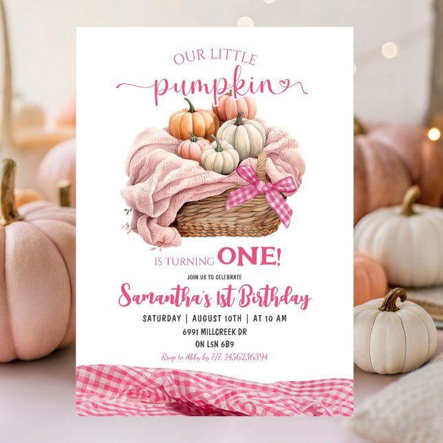 Pink Gingham Little Pumpkin Birthday Invitation (Creator Uploaded)