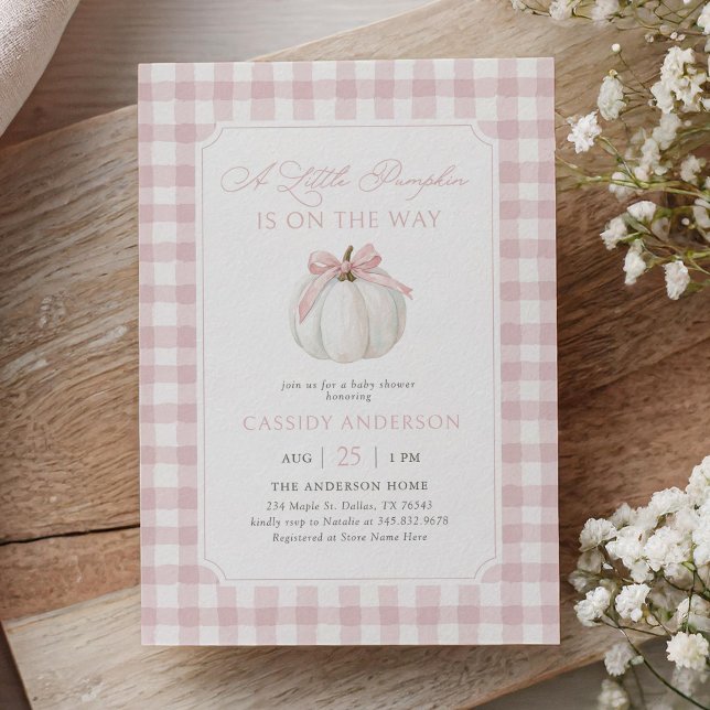 Pink Gingham Little Pumpkin Fall Baby Shower Invitation (Creator Uploaded)