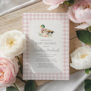Pink Gingham Mallard Duck Girl Baby Shower Invitation