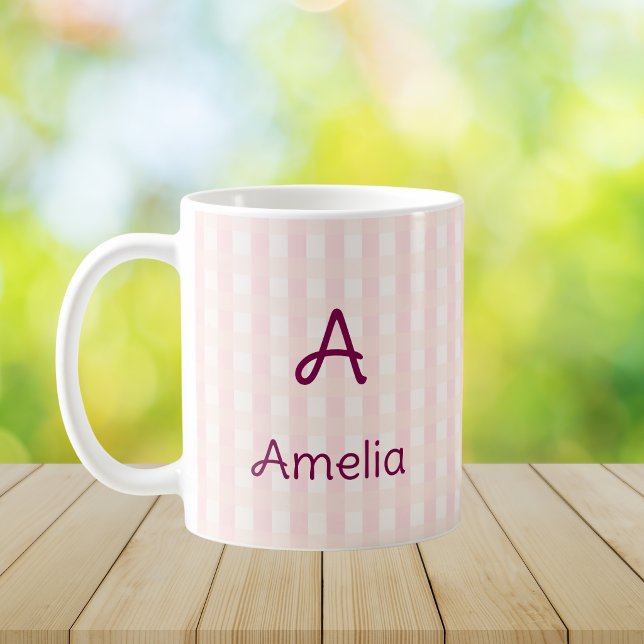 Pink Gingham Monogram Custom Name  Coffee Mug (Creator Uploaded)