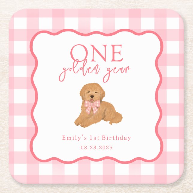 Pink Gingham One Golden Year Girls First Birthday Square Paper Coaster (Front)