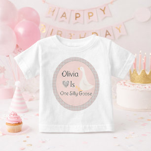 Pink Gingham One Silly Goose Girl's Birthday Party Baby T-Shirt