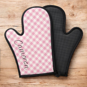 Pink Gingham Oven Mitt with Name Personalised