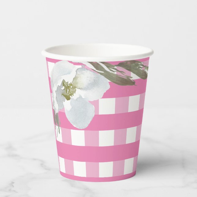 Pink Gingham Party Tableware Watercolor Flower Paper Cups (Front)