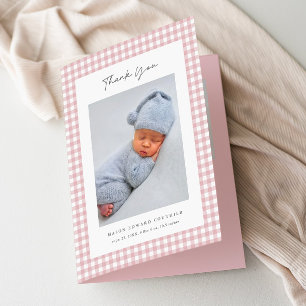 Pink Gingham Pattern Girls Baby Thank You Card