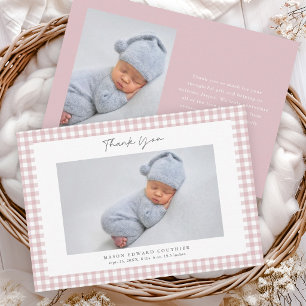 Pink Gingham Pattern Girls Photo Thank You Card