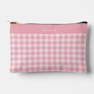 Pink Gingham Pattern Girly Checkered Plaid Name Accessory Pouch