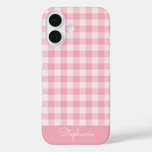 Pink Gingham Pattern Girly Checkered Plaid Name iPhone 16 Case