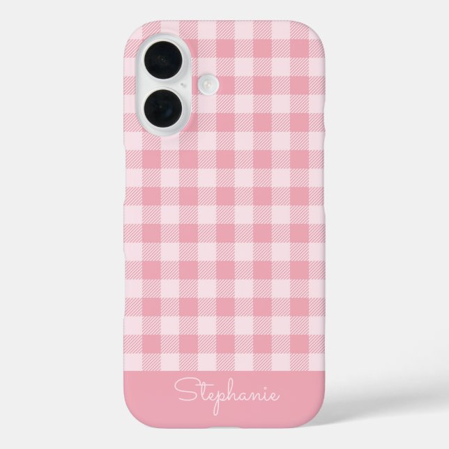Pink Gingham Pattern Girly Checkered Plaid Name Case-Mate iPhone Case (Back)