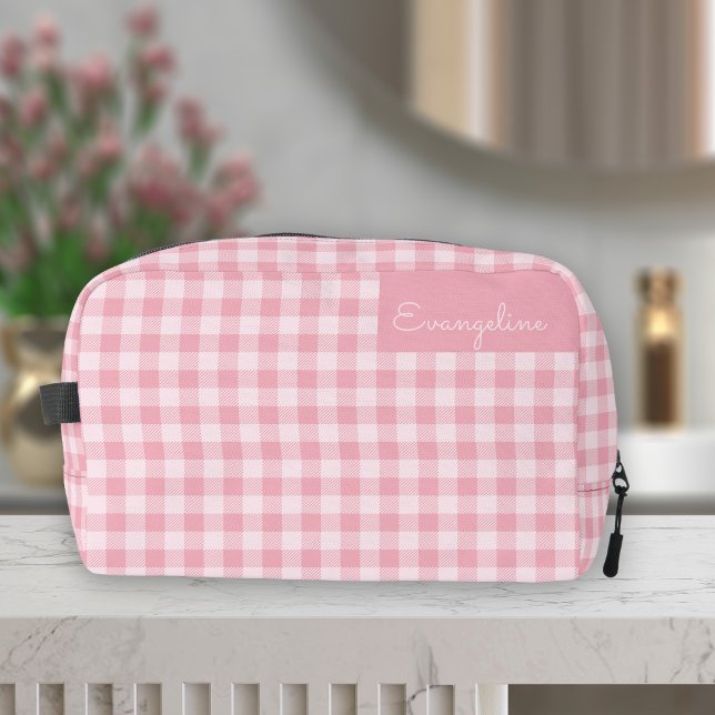 Pink Gingham Pattern Girly Checkered Plaid Name Dopp Kit (Creator Uploaded)