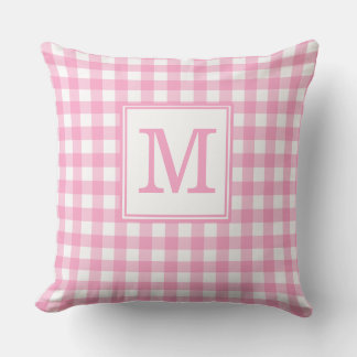 Pink Gingham Pattern Monogram Initial Throw Pillow