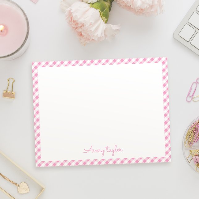 Pink gingham pattern personalised Stationery Card (Pink gingham pattern personalized Stationery Note Card)