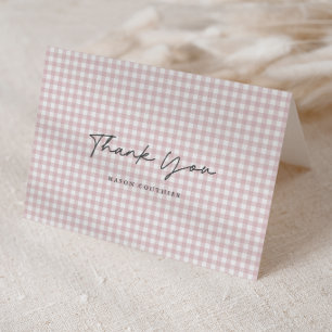 Pink Gingham Pattern Script Folded Photo Thank You Card